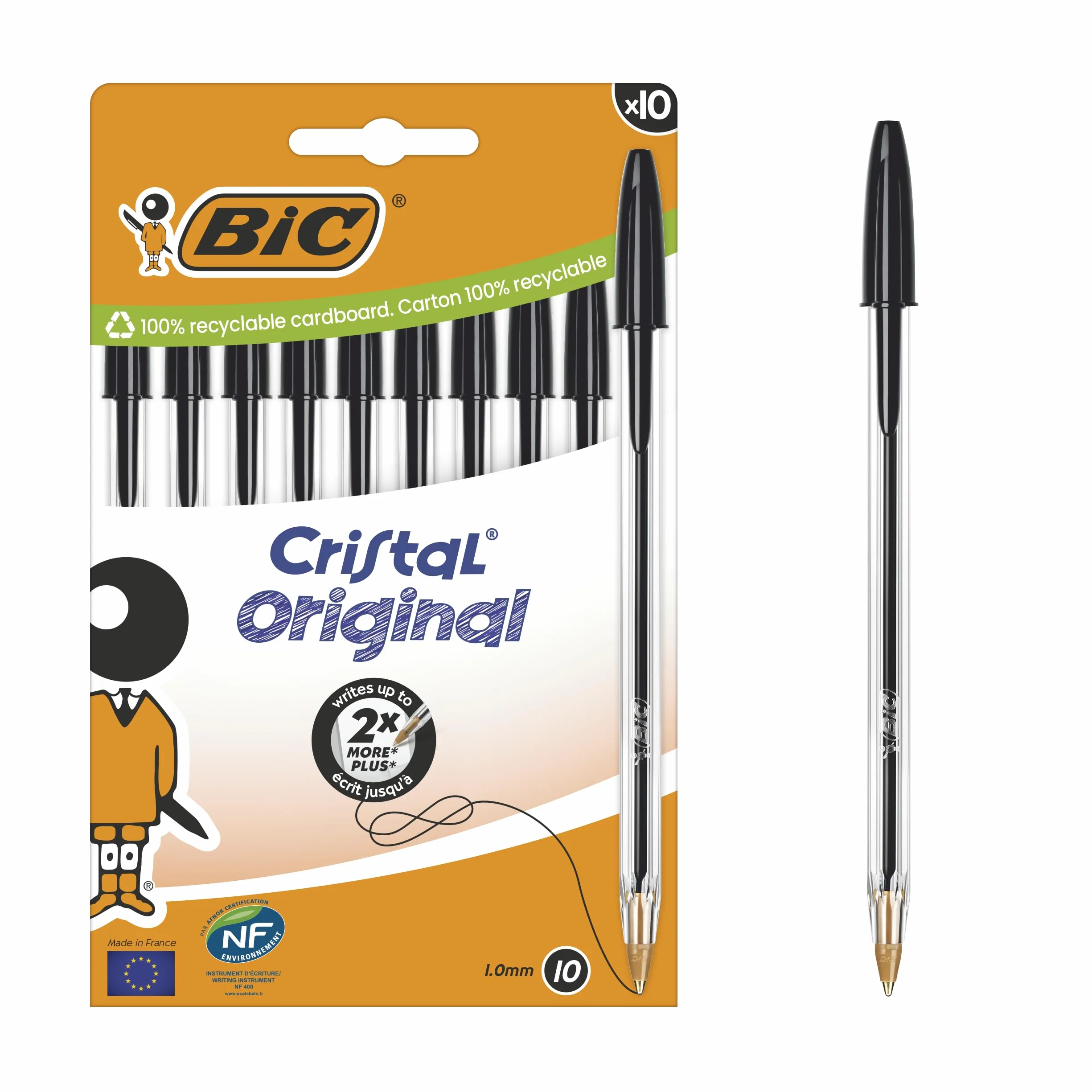 Bic Cristal Original Stylo-Bille Pointe Moyenne 1,0 mm Noir Boîte de 10
