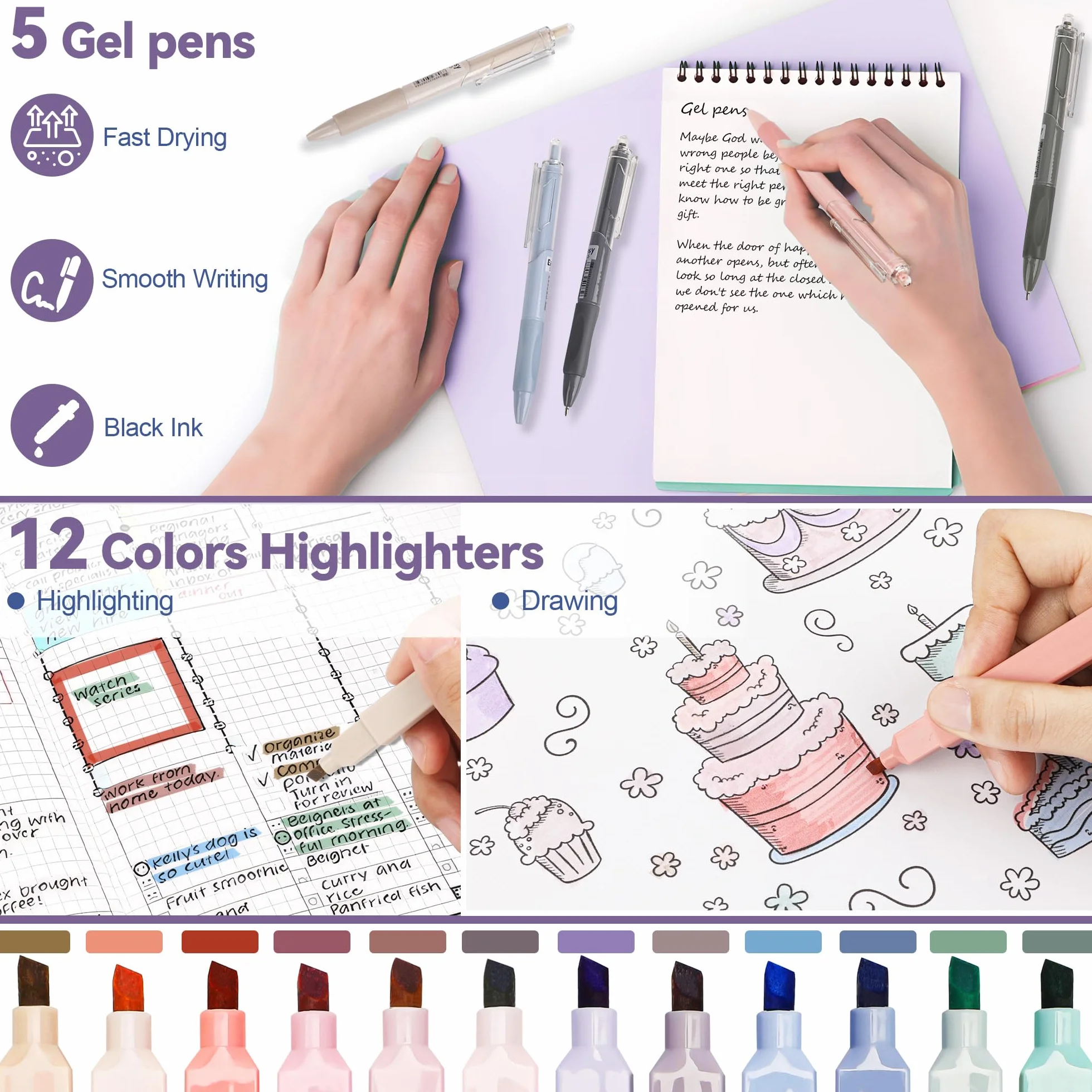 DazSpirit Lot de 61 Fournitures Scolaires Esthétiques avec Trousses, Surligneur Pastel, Stylos Effaçables, Stylos Gel, Porte Mine 0.5 mm et 0.7 mm, Violet