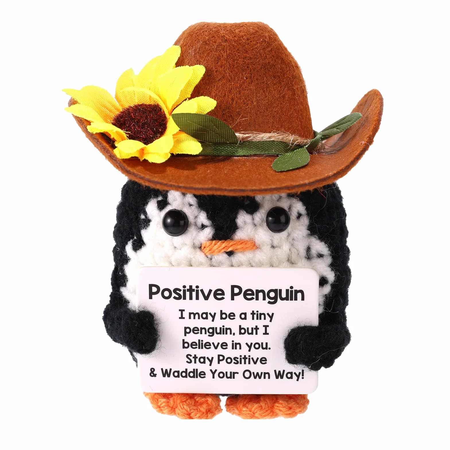 Crochet Pingouin Positif Fait Main avec Chapeau de Cowboy Poupée Inspirante Carte Édifiante Décoration Bureau