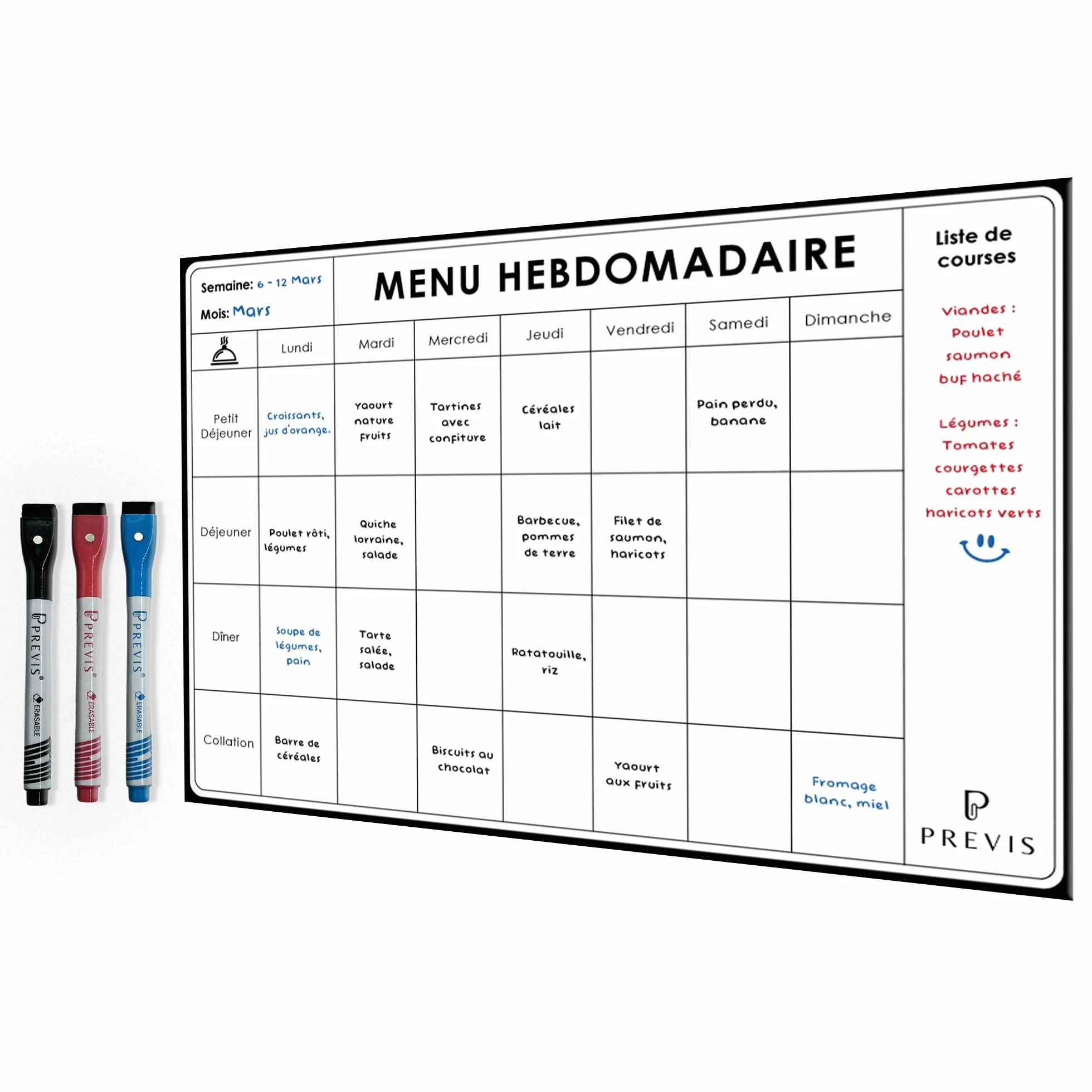 PREVIS Planificateur de Menus A4 21x29cm avec 3 Marqueurs Magnétiques - Tableau Magnétique Frigo Semaine