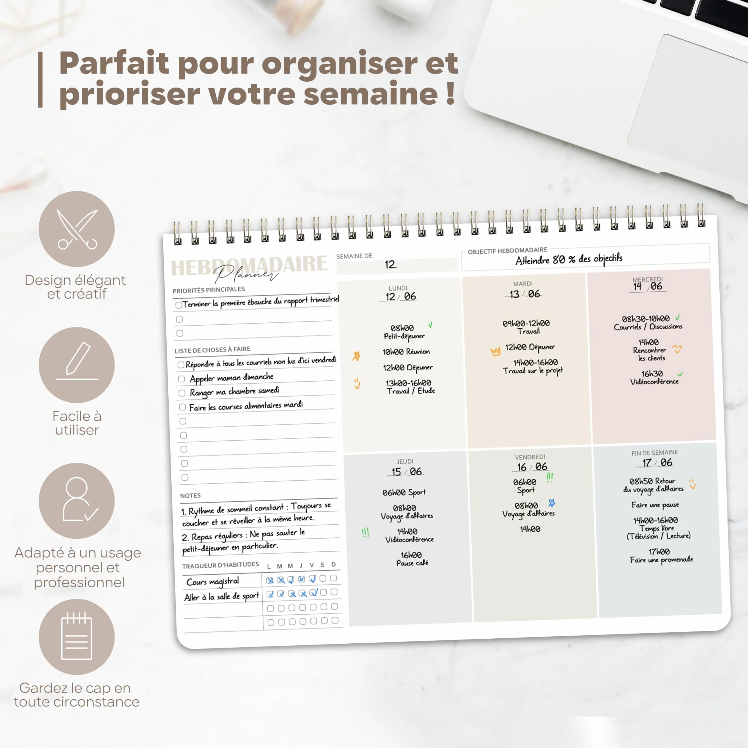 BIROYAL Planning Semaine A4 Bloc Planificateur Hebdomadaire 2026 Calendrier avec aperçu hebdomadaire suivi des habitudes