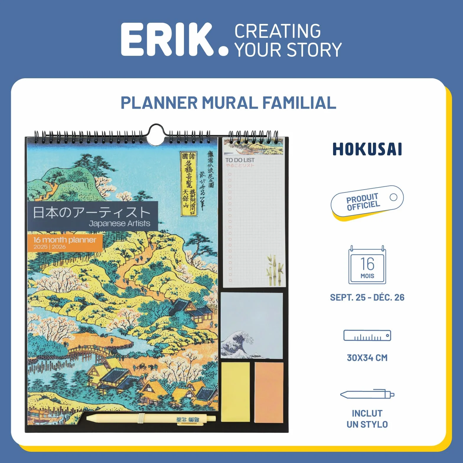 Calendrier Hokusai 2025 2026 16 mois Planificateur Mensuel Familial avec Crochet
