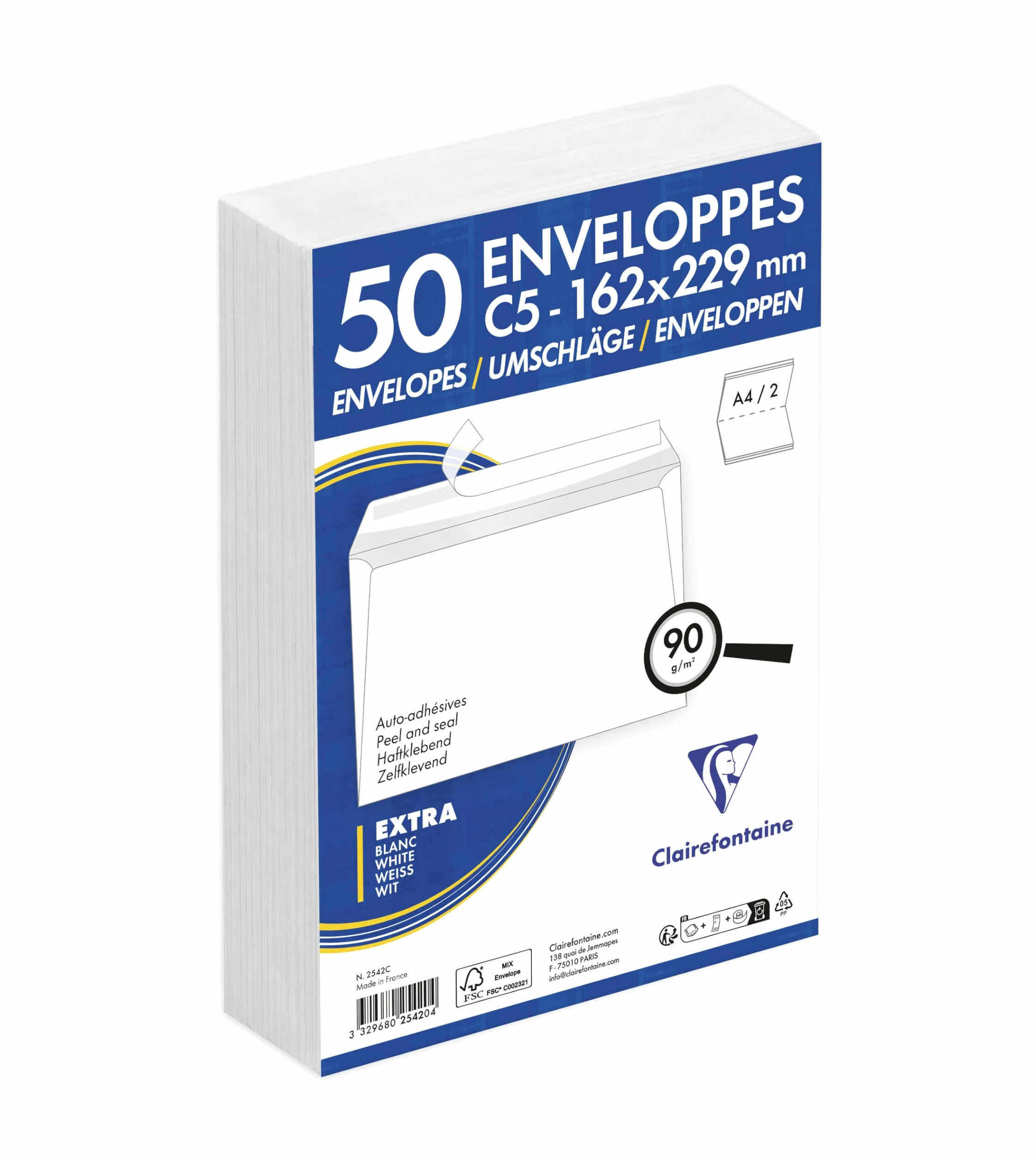 Clairefontaine 2542C Enveloppes C5 162x229mm Auto-Adhésives 90g/m² Paquet de 50