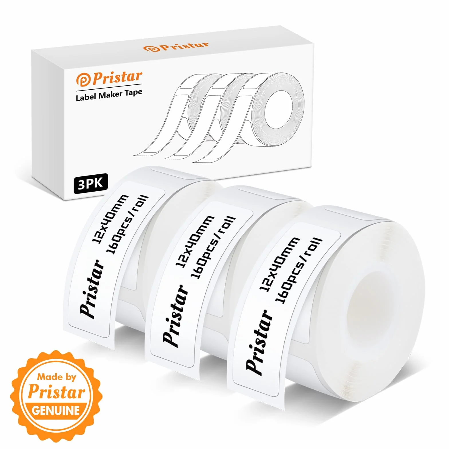 Pristar P15 ruban d'étiquettes thermiques autocollantes 12mm*40mm blanc 160 étiquettes/rouleau