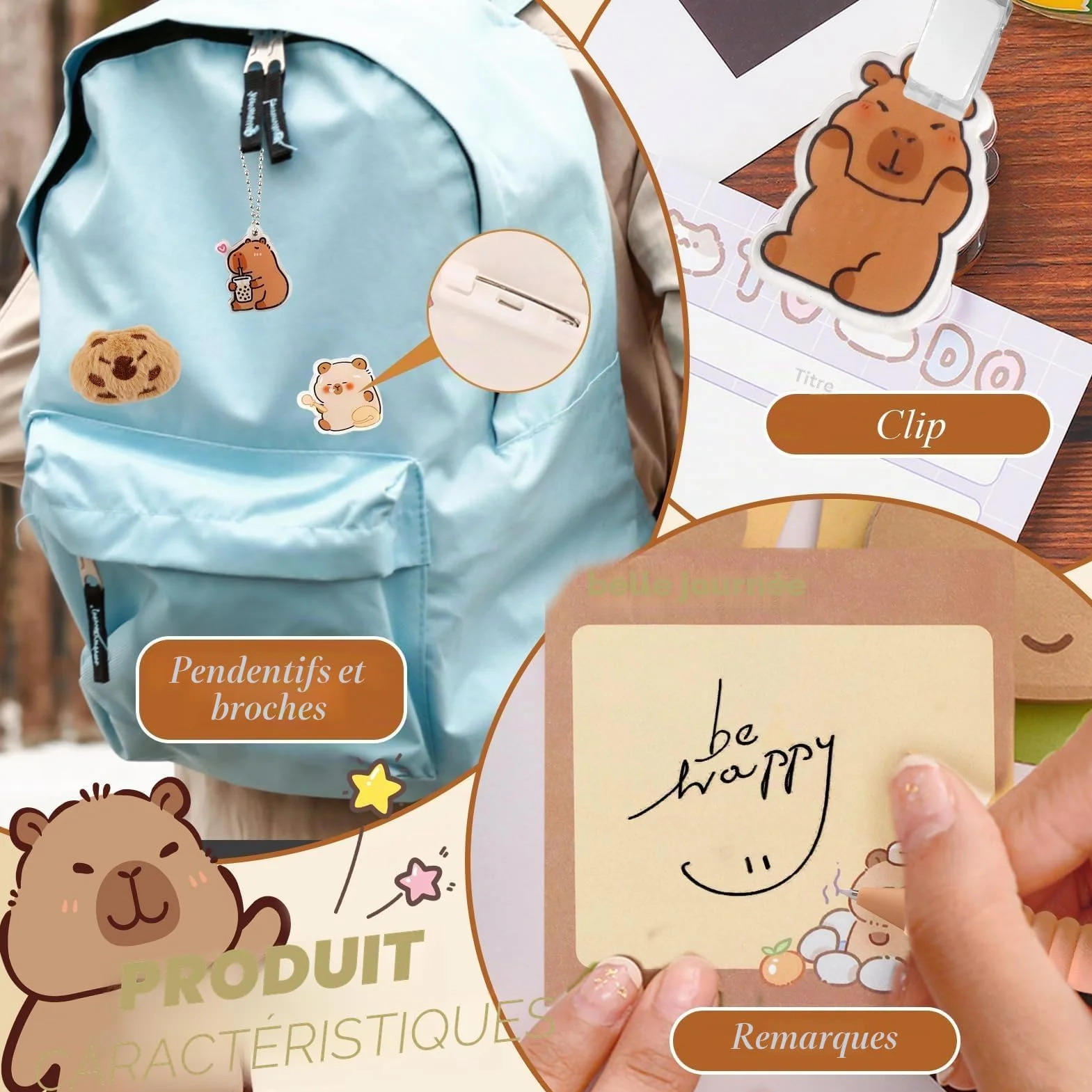 Set de Fournitures Scolaires Capybara - Trousse en Tissu, 10 Autocollants, Peluche, Badge, Porte-Clés, Bloc-Notes, 4 Stylos Gel & Clip