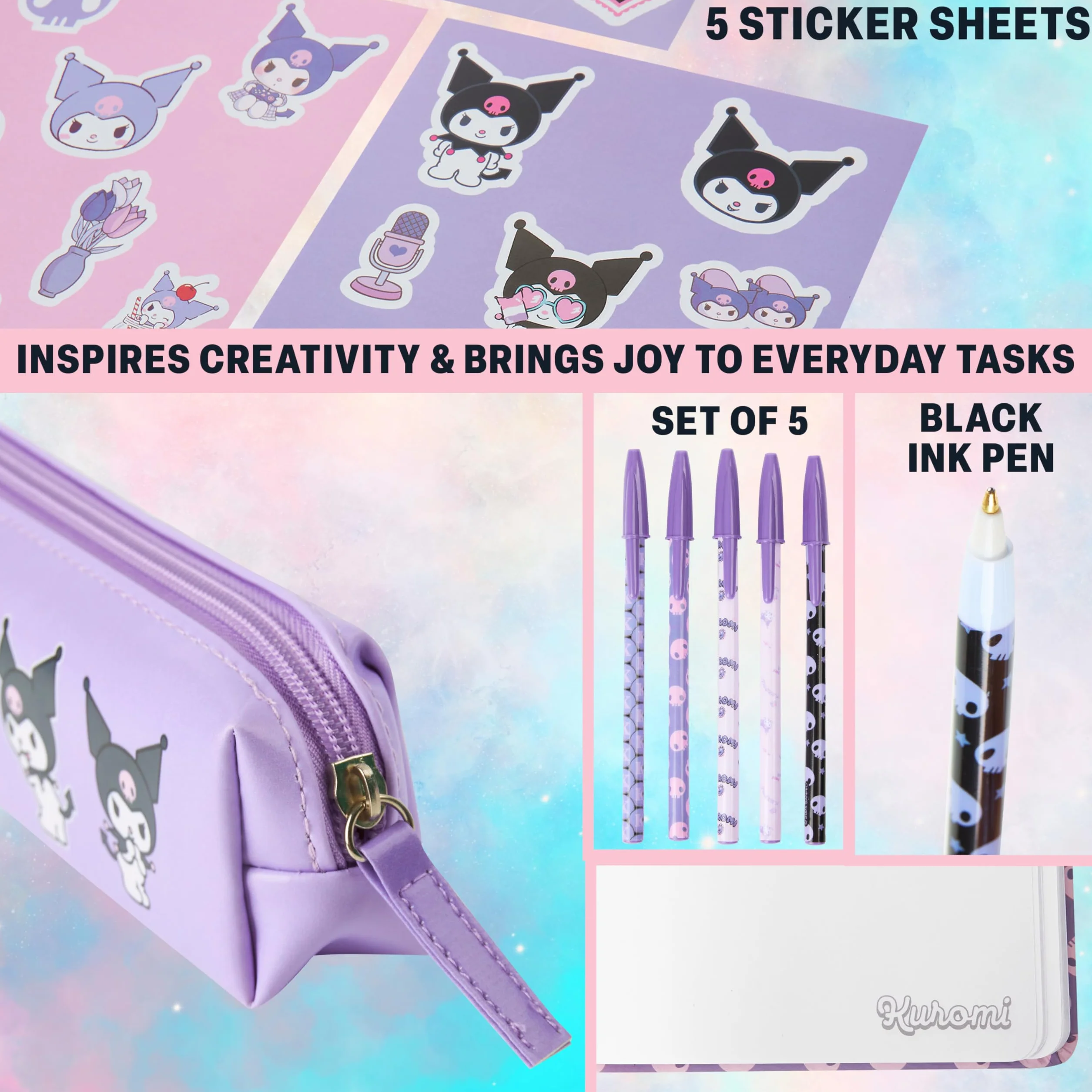 Sanrio Hello Kitty Kuromi Set Papeterie Cahier Trousse Kawaii Autocollants Stylos Bille Violet