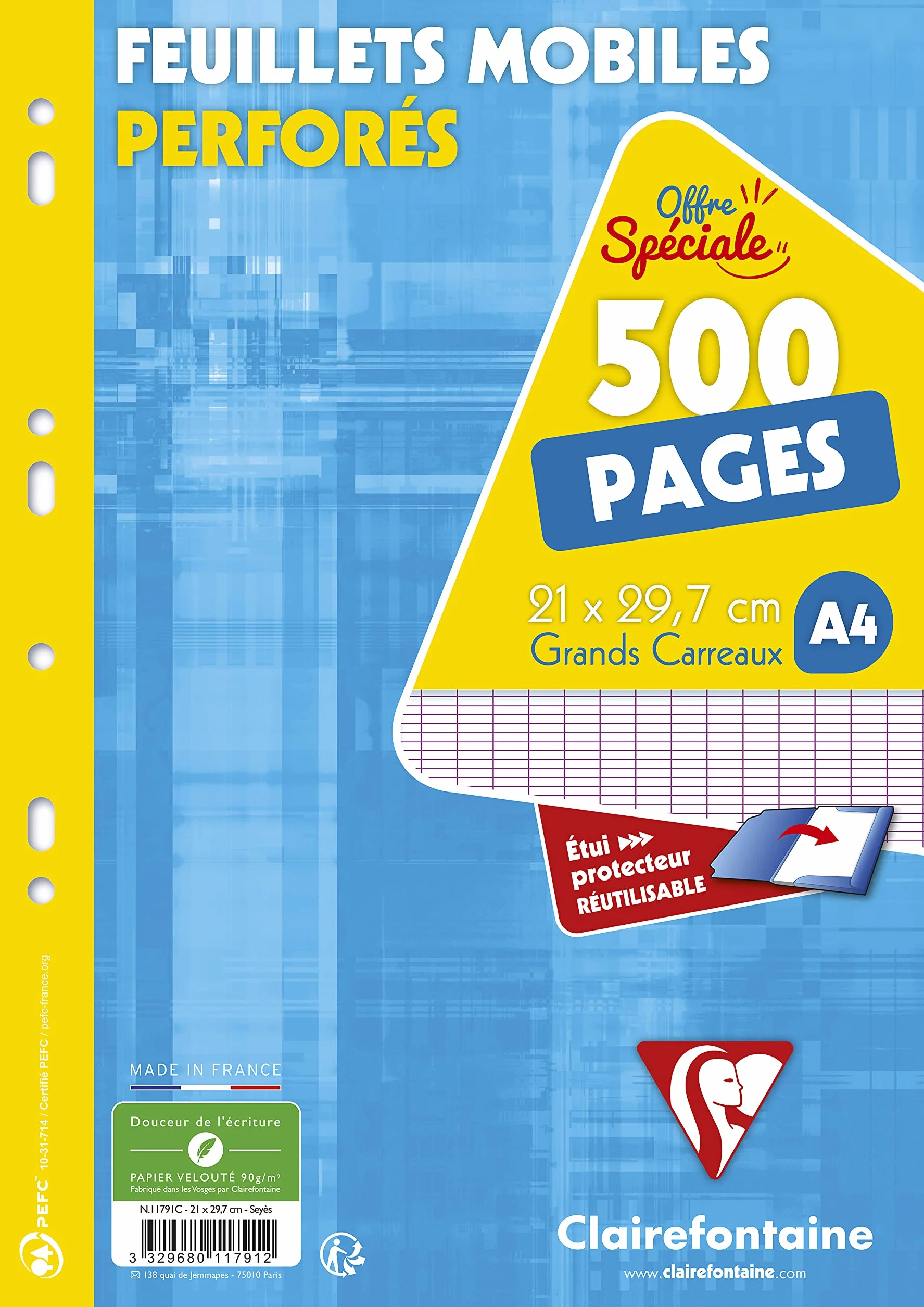 Clairefontaine Étui Feuillets Mobiles Perforés A4 21x29,7 cm 500 Pages Grands Carreaux Papier Blanc 90 g