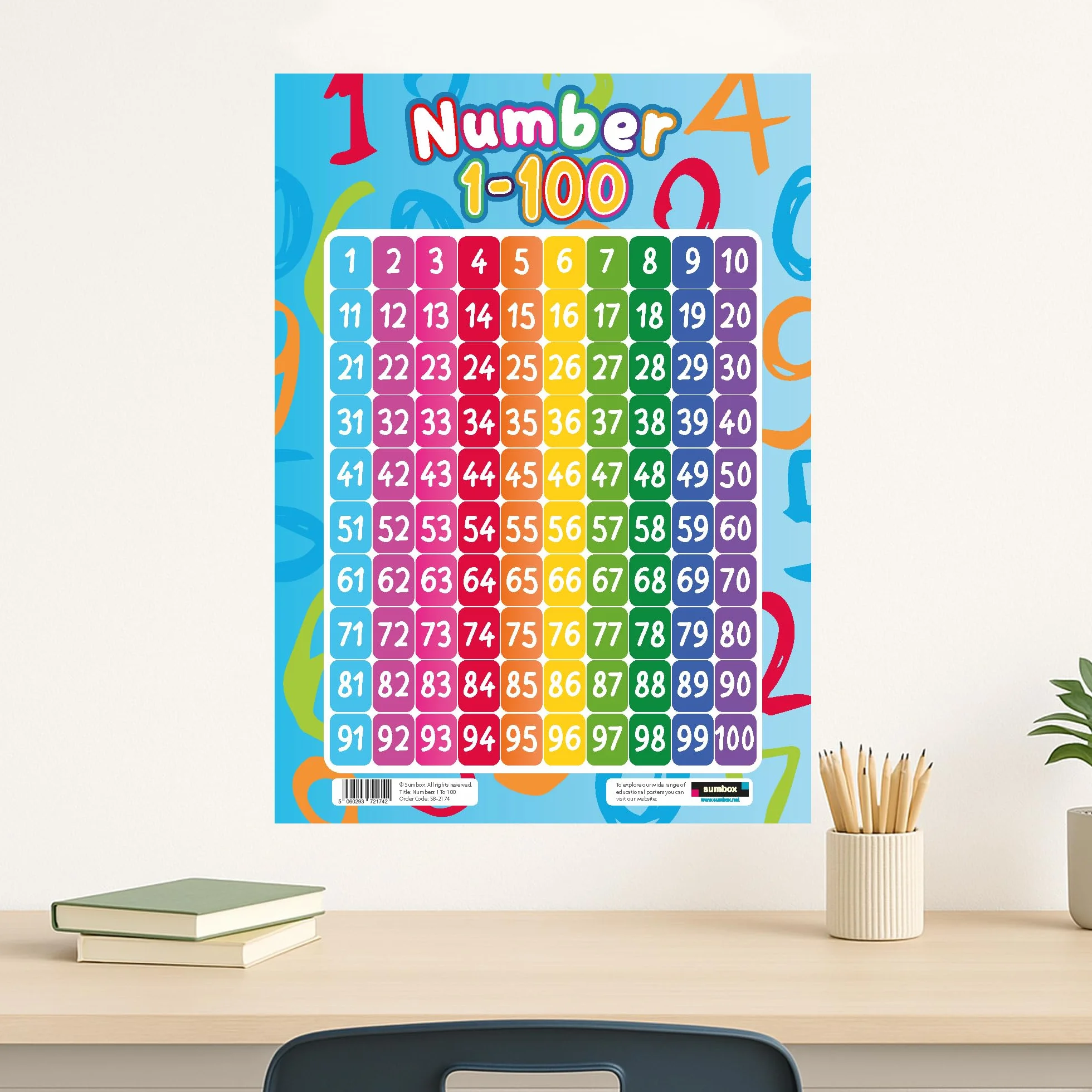Sumbox Poster éducatif chiffres 1-100 enfants tableau mathématiques coloré A3 apprentissage petite enfance classe crèche