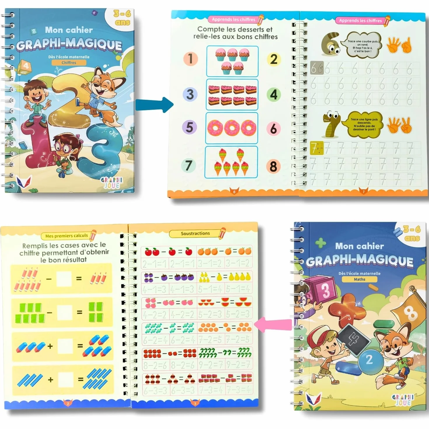 Kit Calligraphie Enfant 4 Cahier Écriture Maternelle CP Alphabet Chiffres Dessin Stylo Magique Effaçable Recharges Guide Doigts