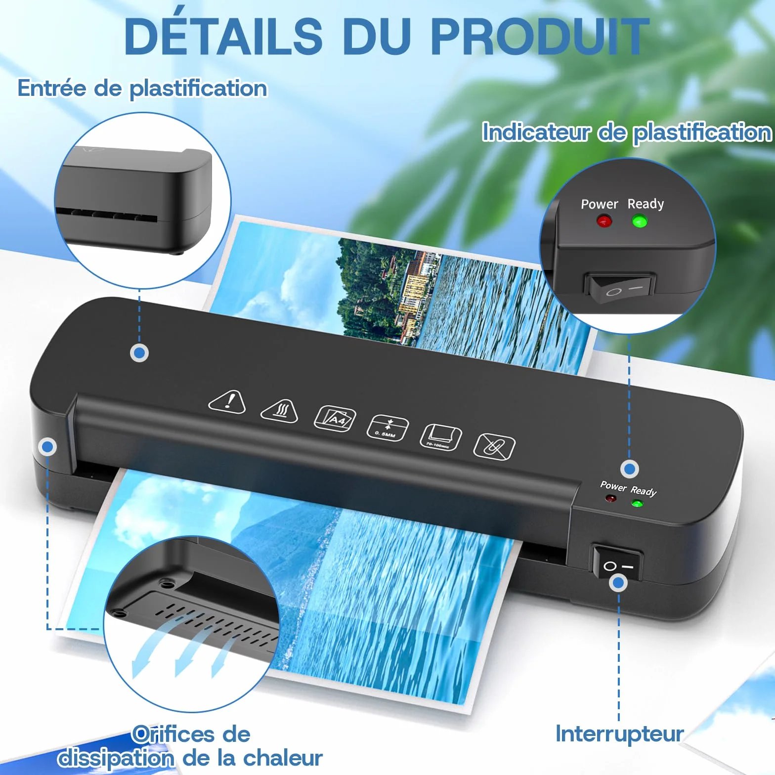 Plastifieuse A4 Thermique 70-100 Microns avec 15 Pochettes pour Bureau Maison École Noir