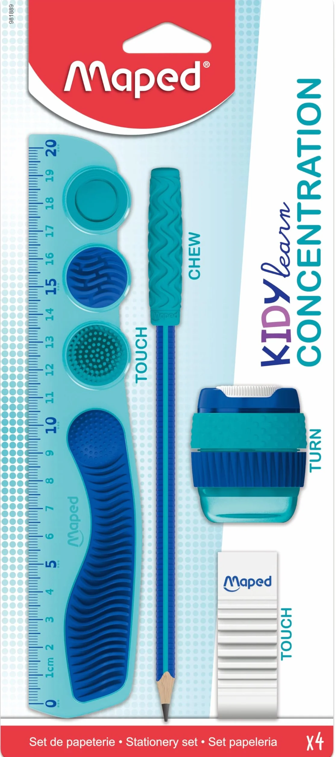 Maped Kidy Learn Concentration Set 4 pièces Règle Tailles-crayons Gomme Graphite embout relaxant