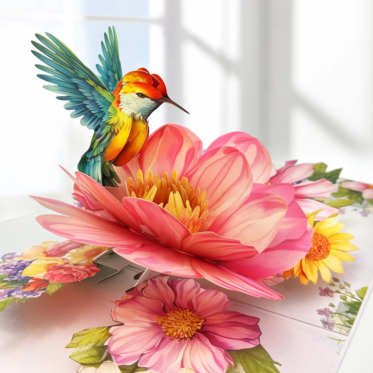 Carte Anniversaire Femme 3D Colibris Fleurs Pop Up avec Enveloppe