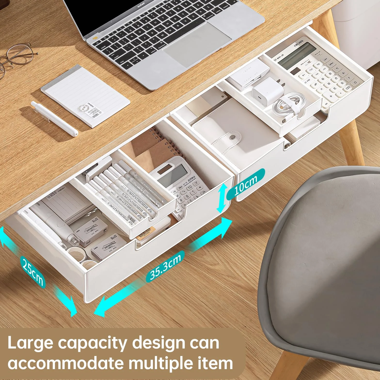 Tiroir Sous Bureau Grand Coulissant 2 Modes Installation Vis Adhesif Rangement Bureau Blanc