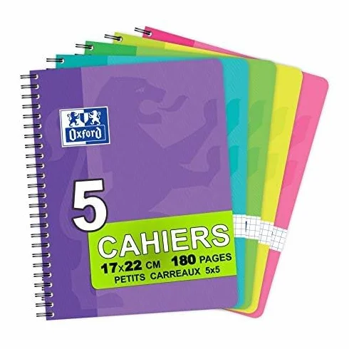 Oxford Cahiers à Spirales 17x22 cm 180 Pages Petits Carreaux 5x5 Lot de 5 Couleurs Assortis