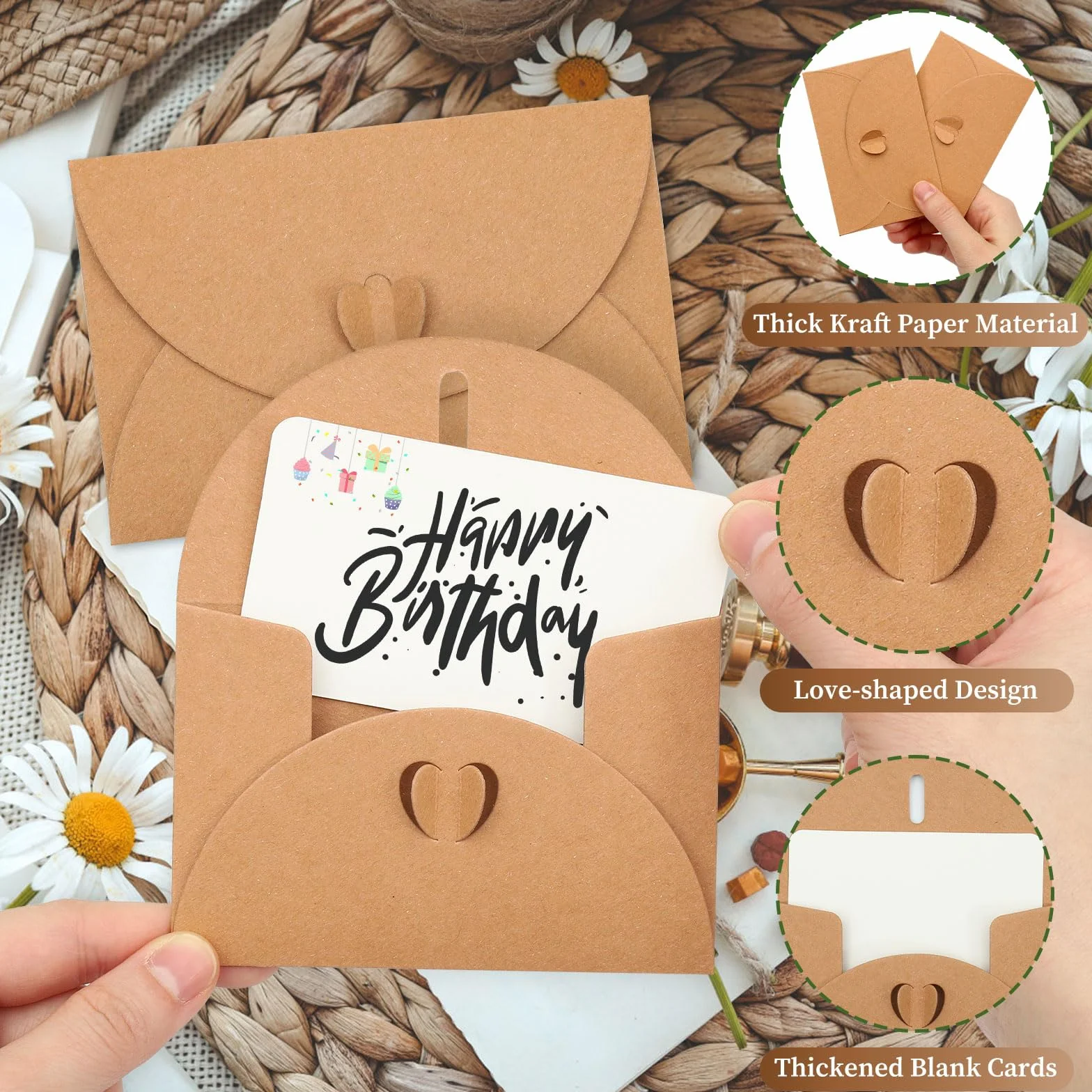 60 Pièces Mini Enveloppe Kraft 10.5×7cm Avec Cartes Vierges Fermeture Coeur Pour Cartes Cadeaux