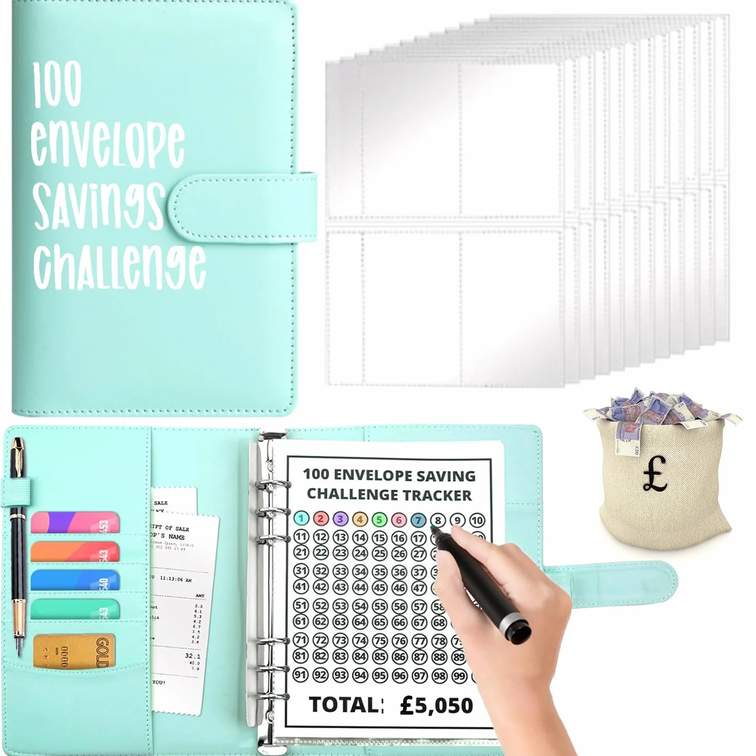 Classeur de défi 100 enveloppes bleu ciel, classeur d'épargne pour école maison bureau