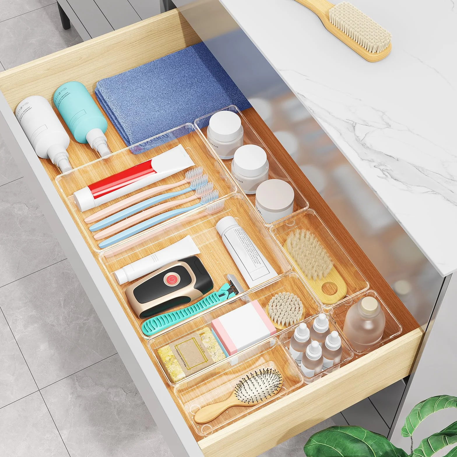 Radikor Lot de 16 Organisateurs de Tiroir, Bacs de Rangement Plastique Transparent, 4 Tailles pour Salle de Bain, Cuisine et Bureau