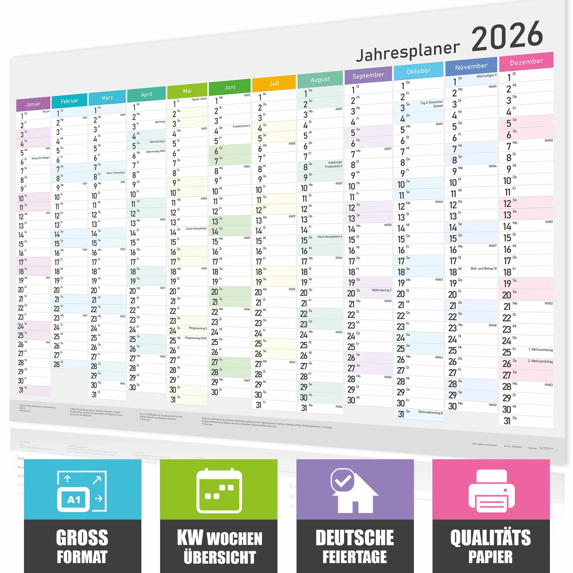 Calendrier annuel XXL 2026 A1 84x59 cm mural planificateur avec semaines et jours fériés