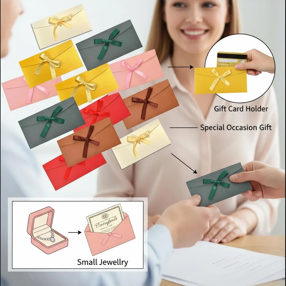 Enveloppes décoratives avec nœud en ruban, lot de 12, 22 x 11 cm, 6 couleurs
