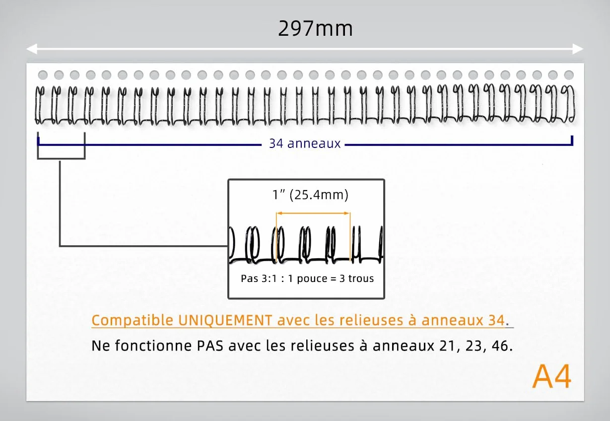 RAYSON Spirales reliure métalliques 6,4 mm 34 anneaux A4 Pas 3:1 Noir Paquet de 100