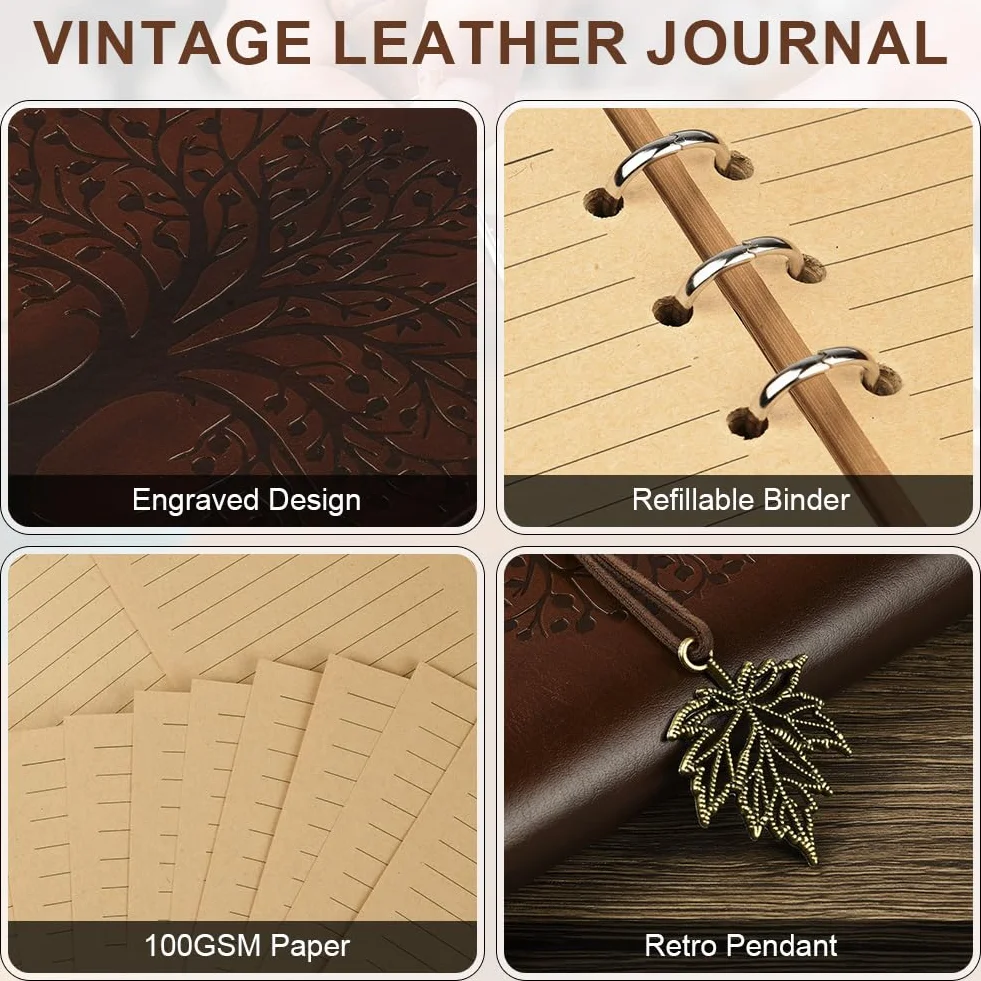 Carnet De Voyage A5 Cuir Synthétique Rechargeable Spirales Papier Kraft Ligné Pendentifs Vintage Journal Intime