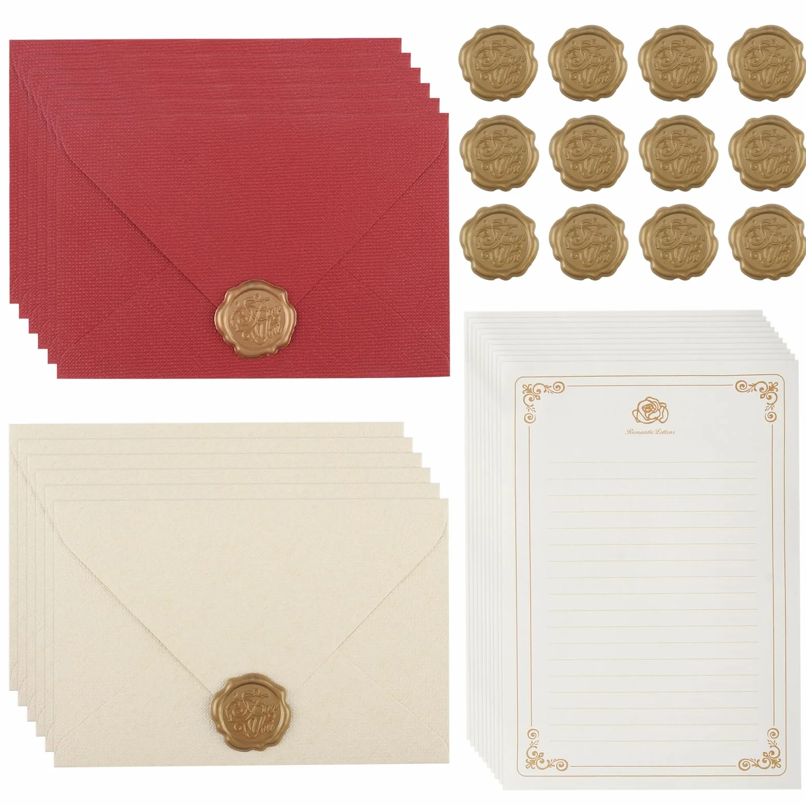 Vintage Lin Enveloppe Papier à Lettre et Sceau Ensemble de Papeterie 44 Pièces