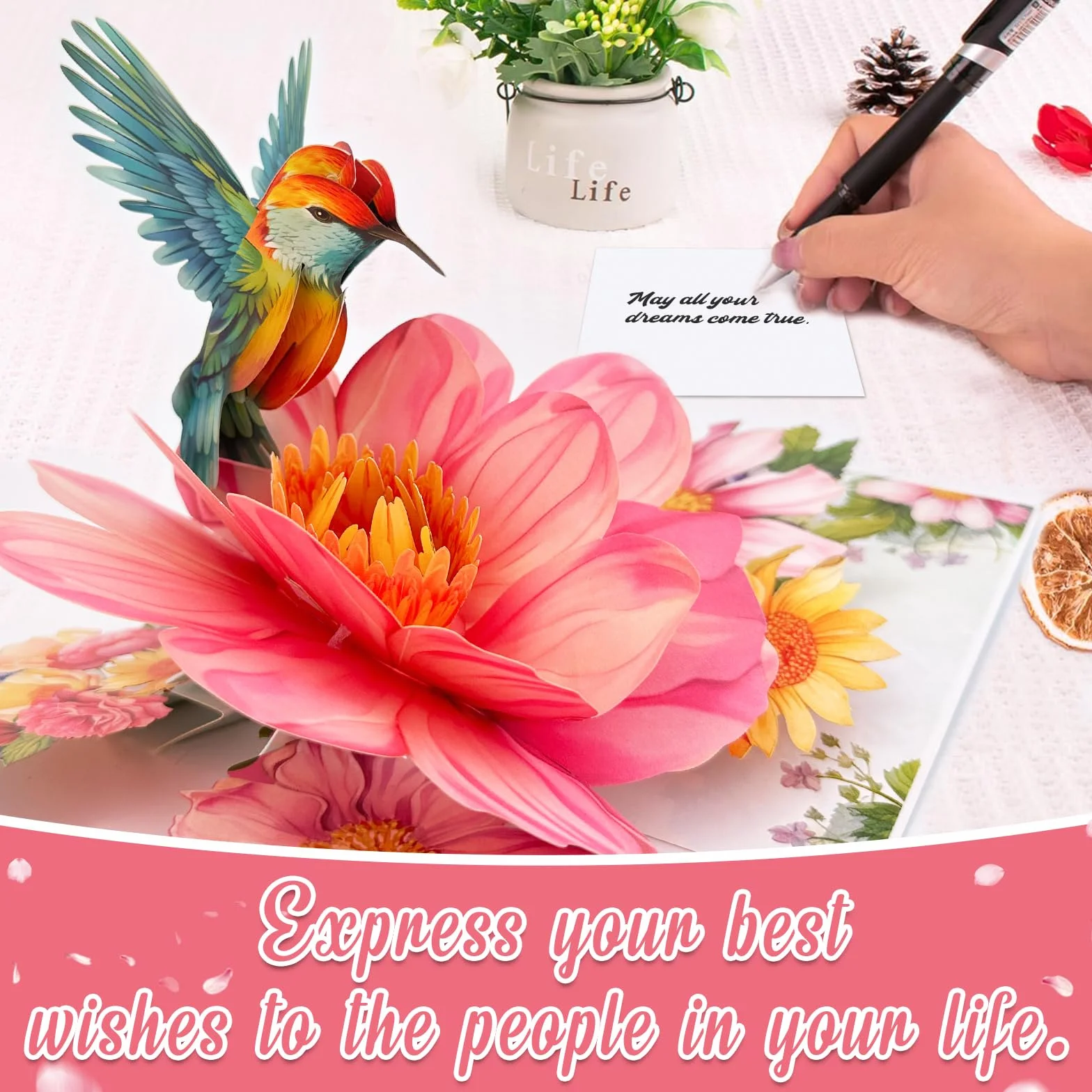 Carte Anniversaire Femme 3D Colibris Fleurs Pop Up avec Enveloppe